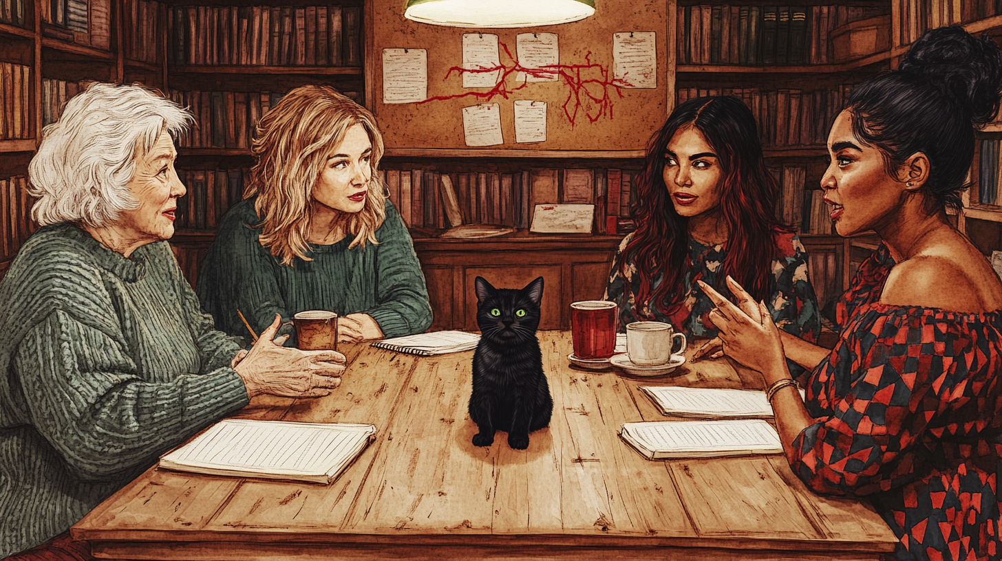 The Kiln Creek True Crime Club — Grace, Frankie, Adriana and Shanice at the library table with Monty